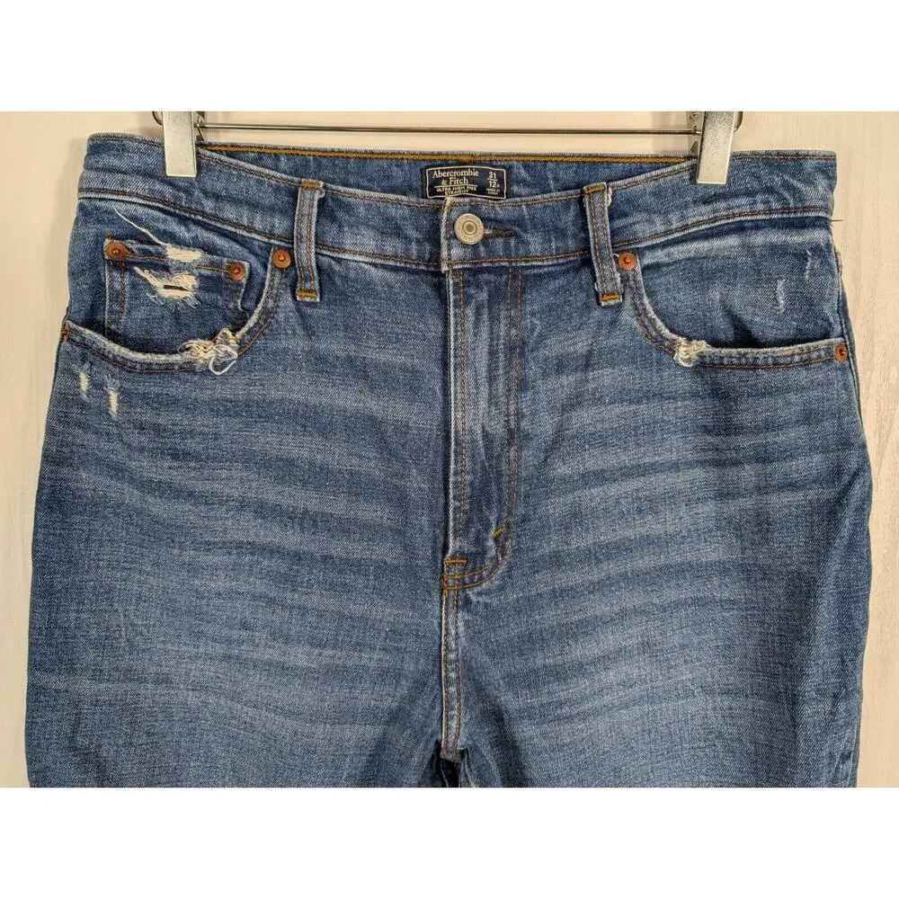 Abercrombie & Fitch Jeans Straight High Rise Distressed Blue Denim Size 31/12R